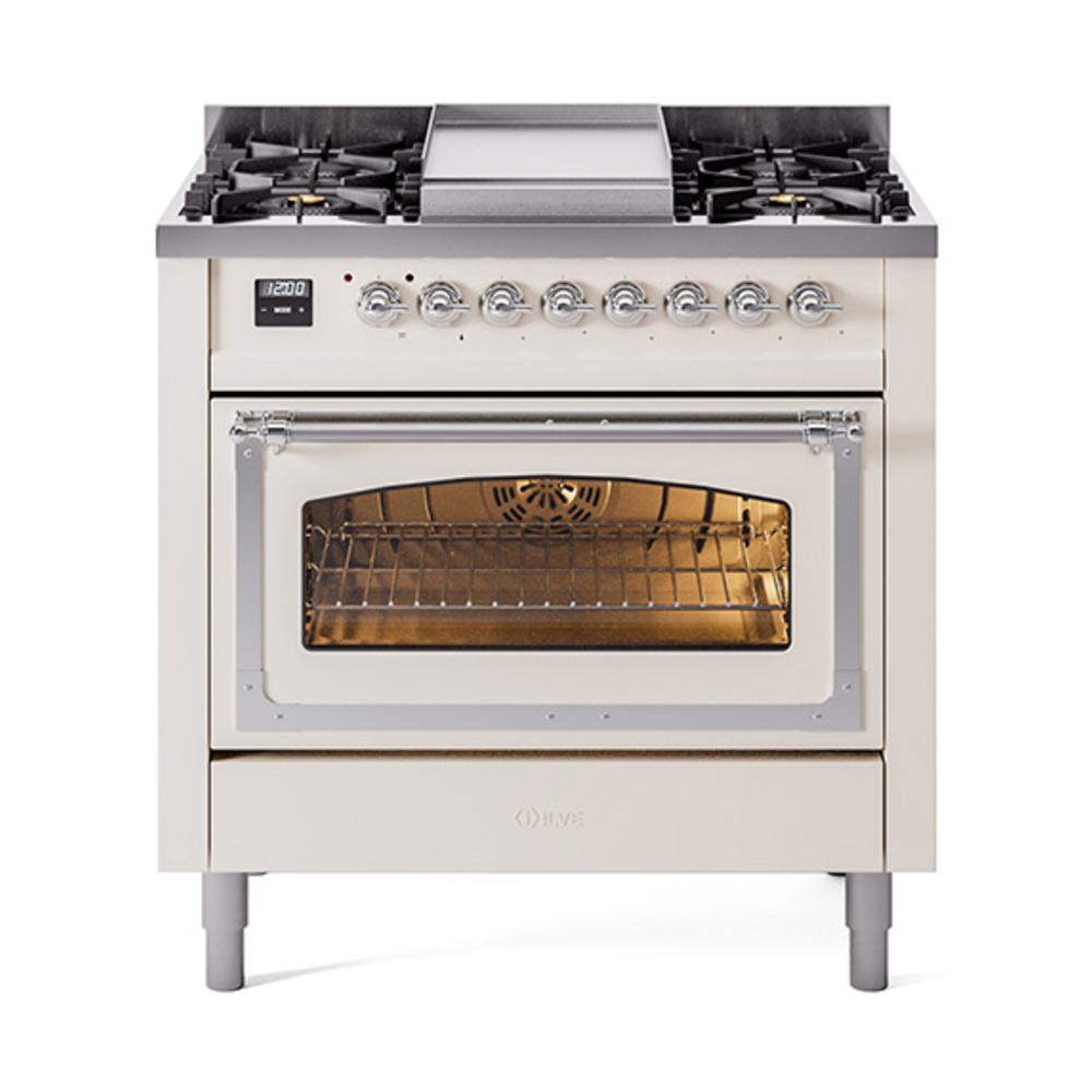 ILVE UN36FNMPAWCLP Nostalgie II Noblesse 36 inch Dual Fuel Range (Liquid Propane, Triple Glass Door, Antique White, Chrome)
