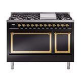 ILVE UN48FQNMPBKG Nostalgie II Noblesse 48 inch Dual Fuel Range (8 Sealed Burners + Griddle, Natural Gas, Solid Door, Glossy Black, Brass)