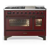 ILVE UM48FNR3BUBLP Majestic III 48 inch Dual Fuel Range with 8 Burners and Griddle, Dual Function Burner up to 25,000 BTU (Liquid Propane, Triple Glass Door, Burgundy, Burnished)