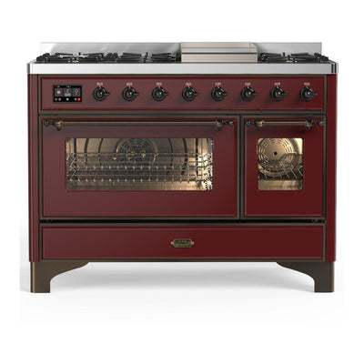 ILVE UM48FNR3BUBLP Majestic III 48 inch Dual Fuel Range with 8 Burners and Griddle, Dual Function Burner up to 25,000 BTU (Liquid Propane, Triple Glass Door, Burgundy, Burnished)