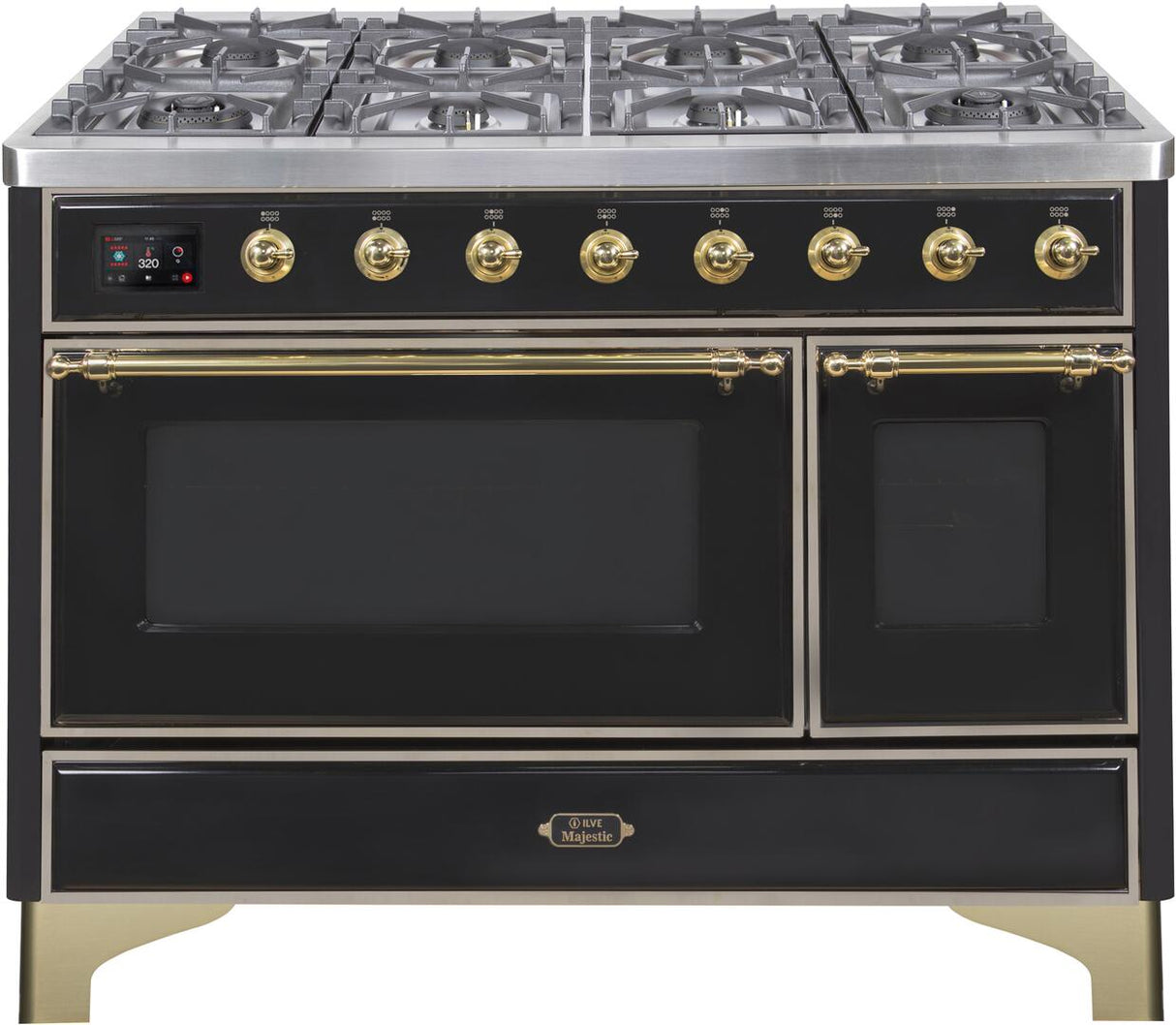 Majestic II 48 Inch Dual Fuel Natural Gas Freestanding Range in Glossy Black with Brass Trim