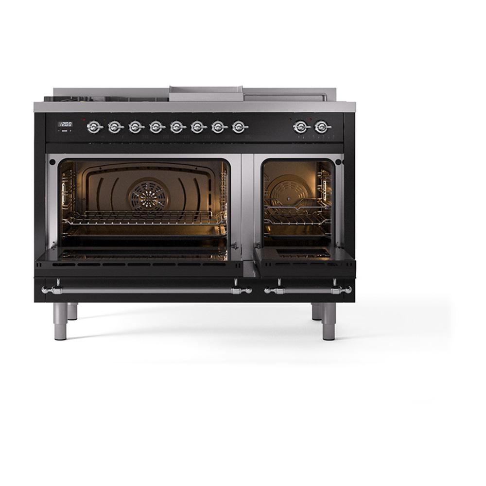 ILVE UN48FSQNMPBKCLP Nostalgie II Noblesse 48 inch Dual Fuel Range (5 Sealed Burners + Griddle + French Top, Liquid Propane, Solid Door, Glossy Black, Chrome)