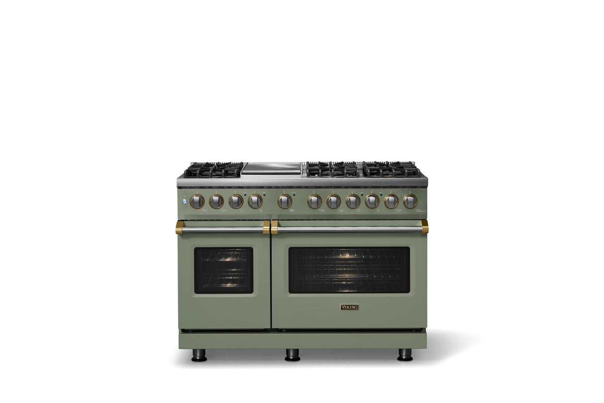 48"W. Dual Fuel Range (Burner: 6g, Finish: Eucalyptus, Trim: Brushed Brass, Fuel: Natural Gas)