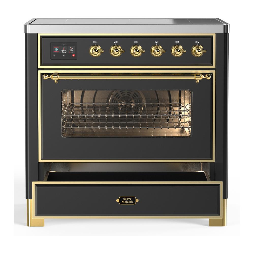 ILVE UMIB36NR3MGG Majestic III 36 inch Induction Range with 6 Elements, 3.5 cu. ft. Total Oven Capacity (Triple Glass Door, Graphite Matte, Brass)