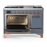 ILVE UM48FQNR3BGPLP Majestic III 48 inch Dual Fuel Range with 8 Burners and Griddle, Dual Function Burner up to 25,000 BTU (Liquid Propane, Solid Door, Blue Grey, Copper)