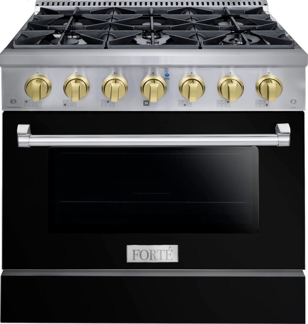 FGR366BBB44 36" All Gas Freestanding Range in Black with Brass Knob Kit Set and Brass Bezel Kit Set