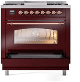 Nostalgie II 36 Inch Dual Fuel Liquid Propane Freestanding Range in Burgundy with Copper Trim