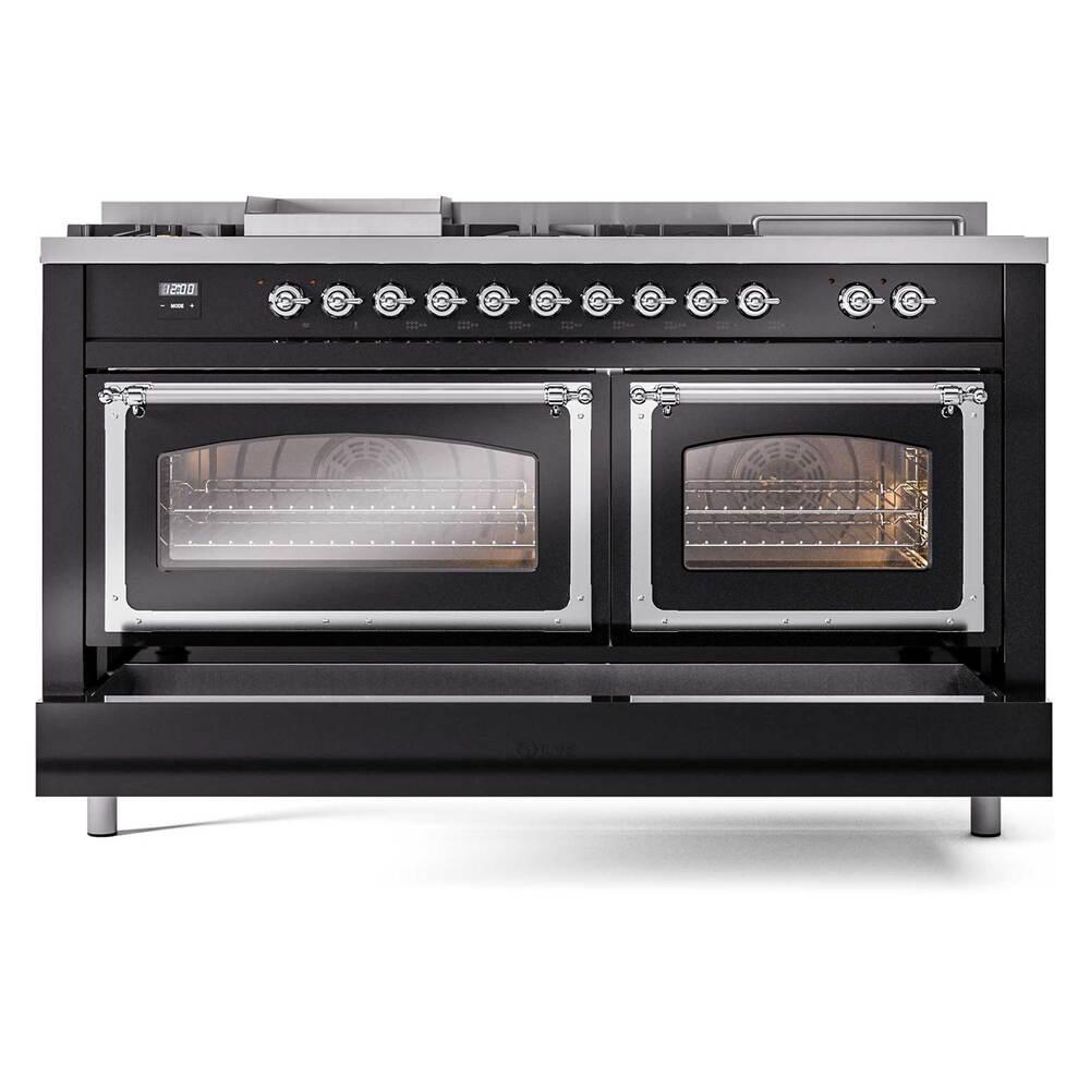 ILVE UN60FSNMPBKC Nostalgie II Noblesse 60 inch Dual Fuel Range (7 Sealed Burners + Griddle + French Top, Natural Gas, Triple Glass Door, Glossy Black, Chrome)