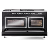 ILVE UN60FSNMPBKC Nostalgie II Noblesse 60 inch Dual Fuel Range (7 Sealed Burners + Griddle + French Top, Natural Gas, Triple Glass Door, Glossy Black, Chrome)
