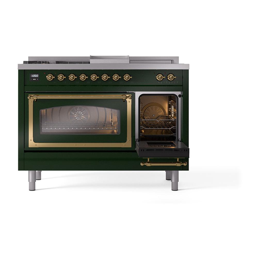 ILVE UN48FSNMPEGGLP Nostalgie II Noblesse 48 inch Dual Fuel Range (5 Sealed Burners + Griddle + French Top, Liquid Propane, Triple Glass Door, Emerald Green, Brass)