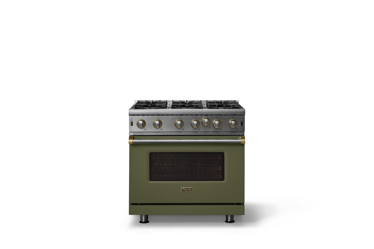 36"W. Open Burner Gas Range (Finish: Martini, Trim: Brushed Brass, Fuel: Natural Gas)