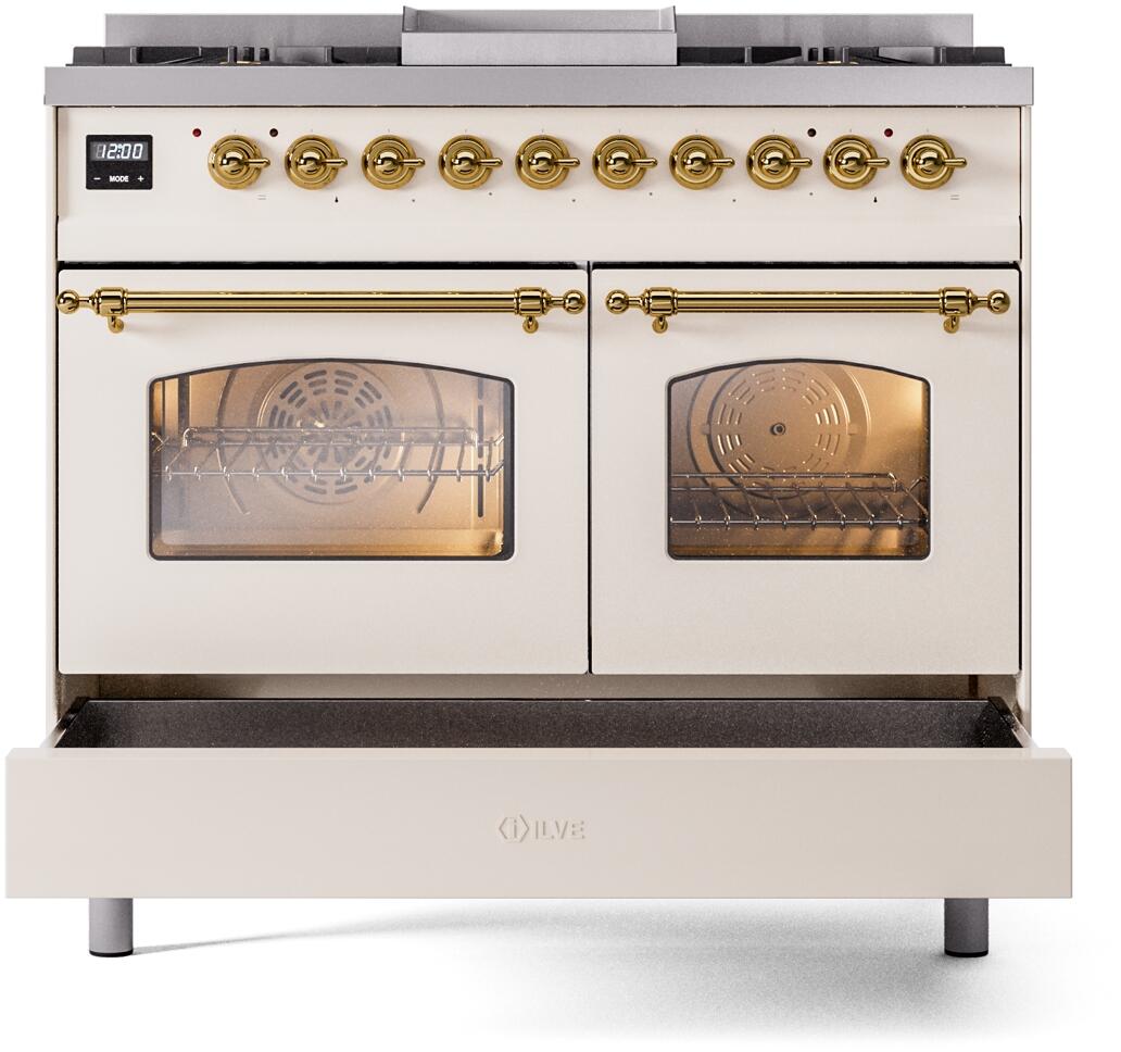 Nostalgie II 40 Inch Dual Fuel Liquid Propane Freestanding Range in Antique White with Brass Trim