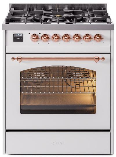 Nostalgie II 30 Inch Dual Fuel Natural Gas Freestanding Range in White with Copper Trim