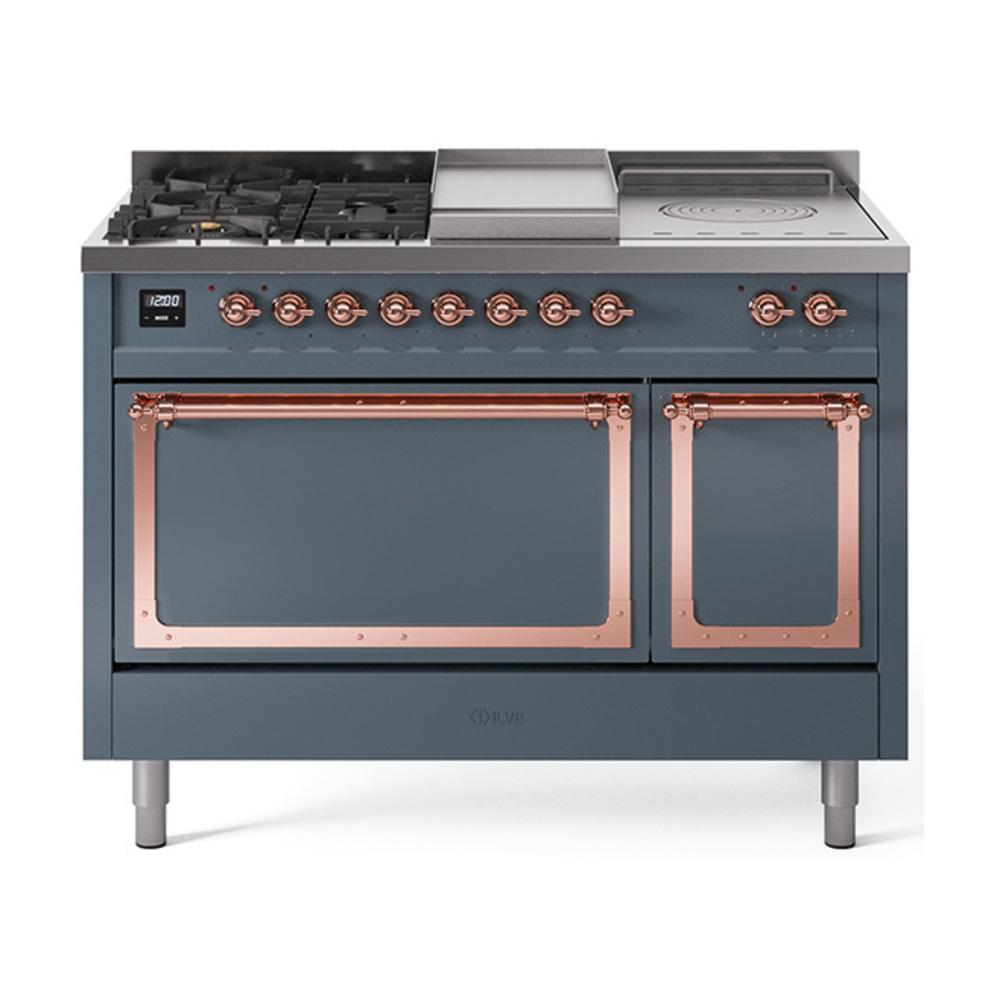 ILVE UN48FSQNMPBGPLP Nostalgie II Noblesse 48 inch Dual Fuel Range (5 Sealed Burners + Griddle + French Top, Liquid Propane, Solid Door, Blue Grey, Copper)