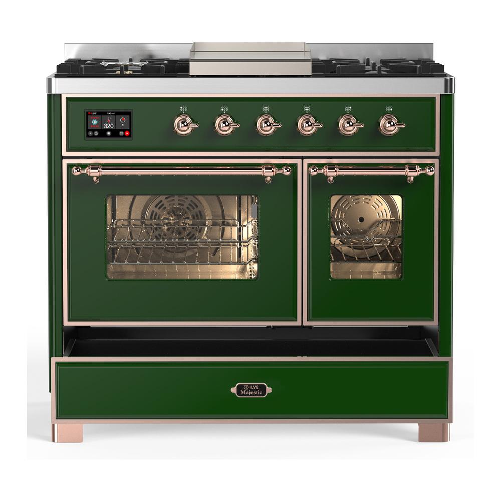 ILVE UMD40FNR3EGP Majestic III 40 inch Dual Fuel Range with 6 Burners and Griddle, Dual Function Burner up to 25,000 BTU (Natural Gas, Triple Glass Door, Emerald Green, Copper)