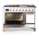 ILVE UM48FQNR3WHP Majestic III 48 inch Dual Fuel Range with 8 Burners and Griddle, Dual Function Burner up to 25,000 BTU (Natural Gas, Solid Door, White, Copper)