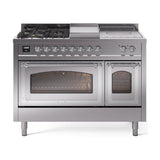 ILVE UN48FSNMPSSCLP Nostalgie II Noblesse 48 inch Dual Fuel Range (5 Sealed Burners + Griddle + French Top, Liquid Propane, Triple Glass Door, Stainless Steel, Chrome)