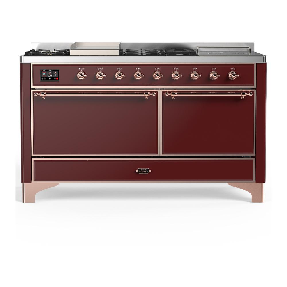 ILVE UM60FSQNR3BUP Majestic III 60 inch Dual Fuel Range with 7 Burners, Griddle and French Top, Dual Function Burner with up to 25,000 BTU (Natural Gas, Solid Door, Burgundy, Copper)