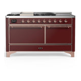 ILVE UM60FSQNR3BUP Majestic III 60 inch Dual Fuel Range with 7 Burners, Griddle and French Top, Dual Function Burner with up to 25,000 BTU (Natural Gas, Solid Door, Burgundy, Copper)