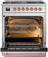 Nostalgie II 30 Inch Dual Fuel Natural Gas Freestanding Range in Stainless Steel with Copper Trim