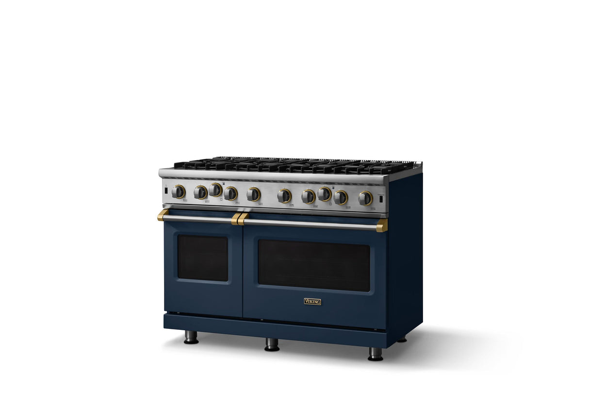 48"W. Open Burner Gas Range (Finish: Slate Blue, Trim: Brushed Brass, Fuel: Natural Gas)