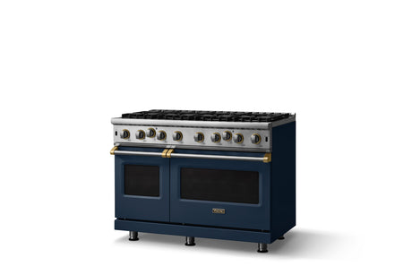 48"W. Open Burner Gas Range (Finish: Slate Blue, Trim: Brushed Brass, Fuel: Natural Gas)