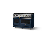 48"W. Open Burner Gas Range (Finish: Slate Blue, Trim: Brushed Brass, Fuel: Propane)