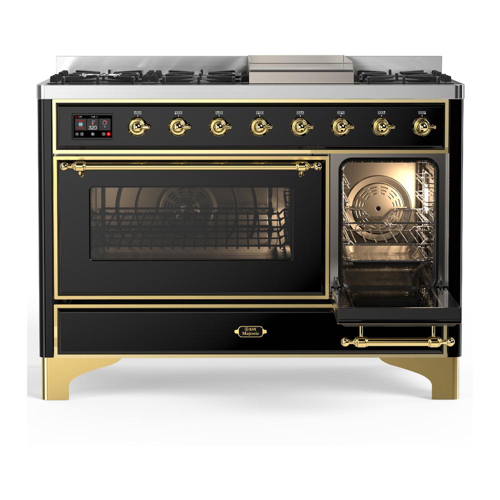 ILVE UM48FNR3BKGLP Majestic III 48 inch Dual Fuel Range with 8 Burners and Griddle, Dual Function Burner up to 25,000 BTU (Liquid Propane, Triple Glass Door, Glossy Black, Brass)