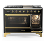 ILVE UM48FNR3BKGLP Majestic III 48 inch Dual Fuel Range with 8 Burners and Griddle, Dual Function Burner up to 25,000 BTU (Liquid Propane, Triple Glass Door, Glossy Black, Brass)
