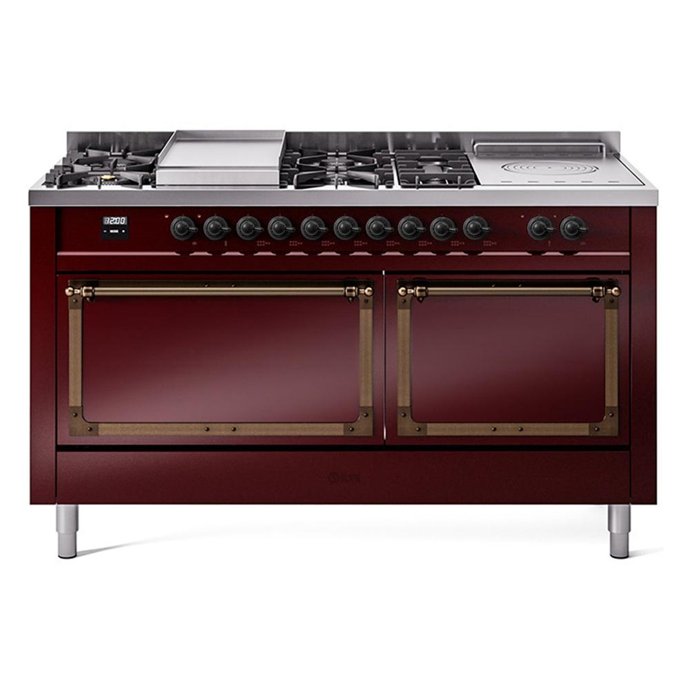 ILVE UN60FSQNMPBUBLP Nostalgie II Noblesse 60 inch Dual Fuel Range (7 Sealed Burners + Griddle + French Top, Liquid Propane, Solid Door, Burgundy, Burnished)