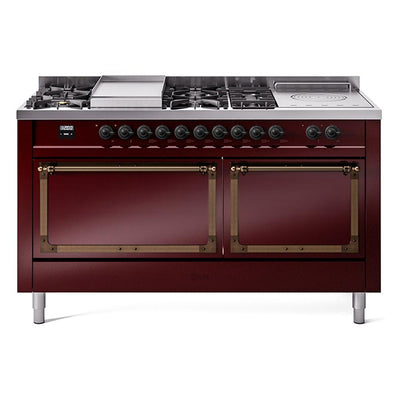 ILVE UN60FSQNMPBUBLP Nostalgie II Noblesse 60 inch Dual Fuel Range (7 Sealed Burners + Griddle + French Top, Liquid Propane, Solid Door, Burgundy, Burnished)