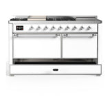 ILVE UM60FSQNR3WHCLP Majestic III 60 inch Dual Fuel Range with 7 Burners, Griddle and French Top, Dual Function Burner with up to 25,000 BTU (Liquid Propane, Solid Door, White, Chrome)