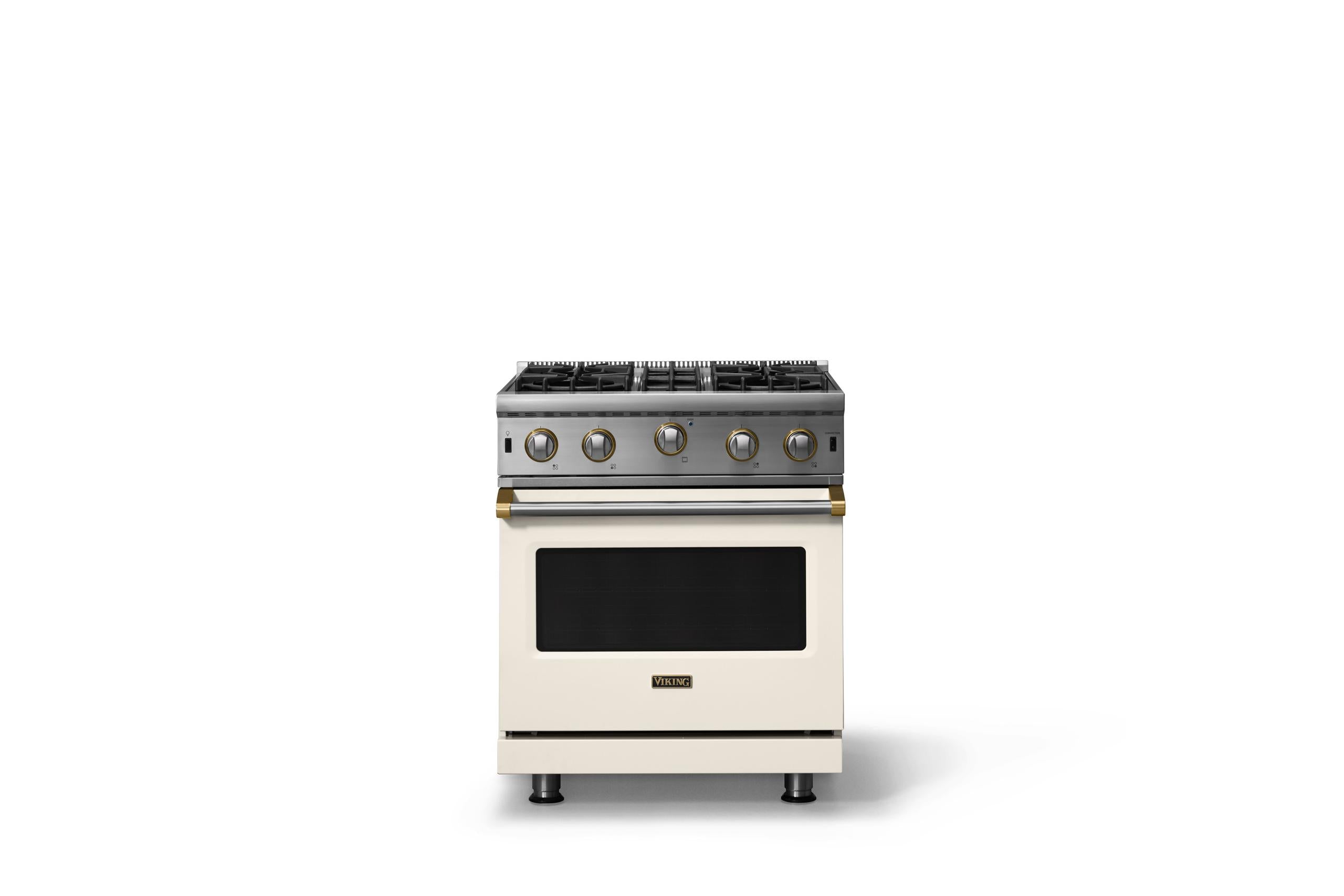 30"W. Open Burner Gas Range (Finish: Pure White, Trim: Brushed Brass, Fuel: Natural Gas)