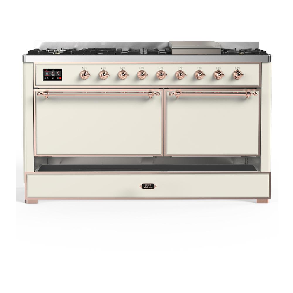 ILVE UM60FQNR3AWPLP Majestic III 60 inch Dual Fuel Range with 9 Burners and Griddle, Dual Function Burner up to 25,000 BTU (Liquid Propane, Solid Door, Antique White, Copper)