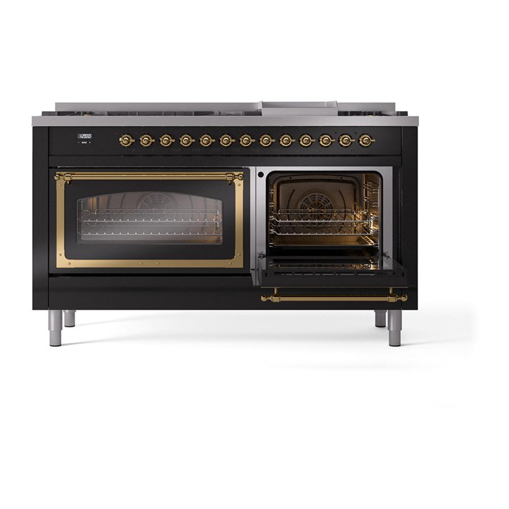 ILVE UN60FNMPBKG Nostalgie II Noblesse 60 inch Dual Fuel Range (9 Sealed Burners + Griddle, Natural Gas, Triple Glass Door, Glossy Black, Brass)