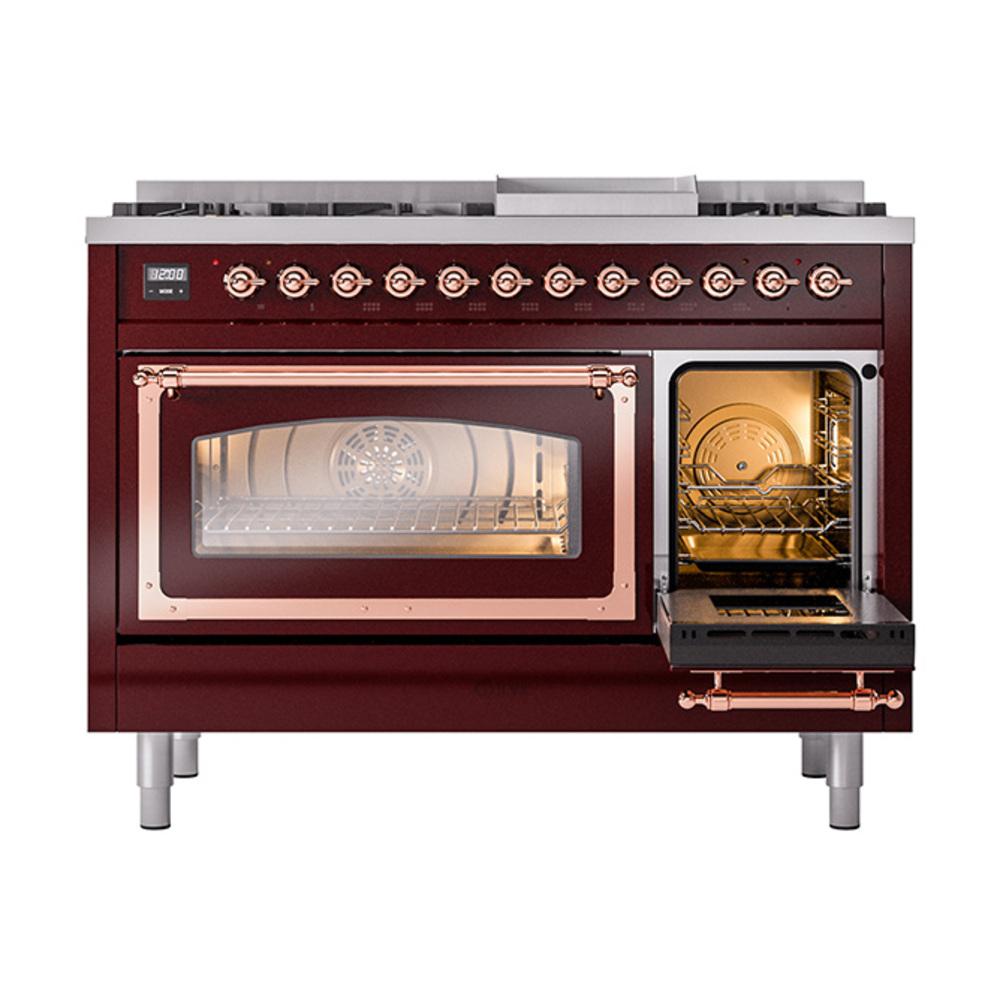 ILVE UN48FNMPBUP Nostalgie II Noblesse 48 inch Dual Fuel Range (8 Sealed Burners + Griddle, Natural Gas, Triple Glass Door, Burgundy, Copper)