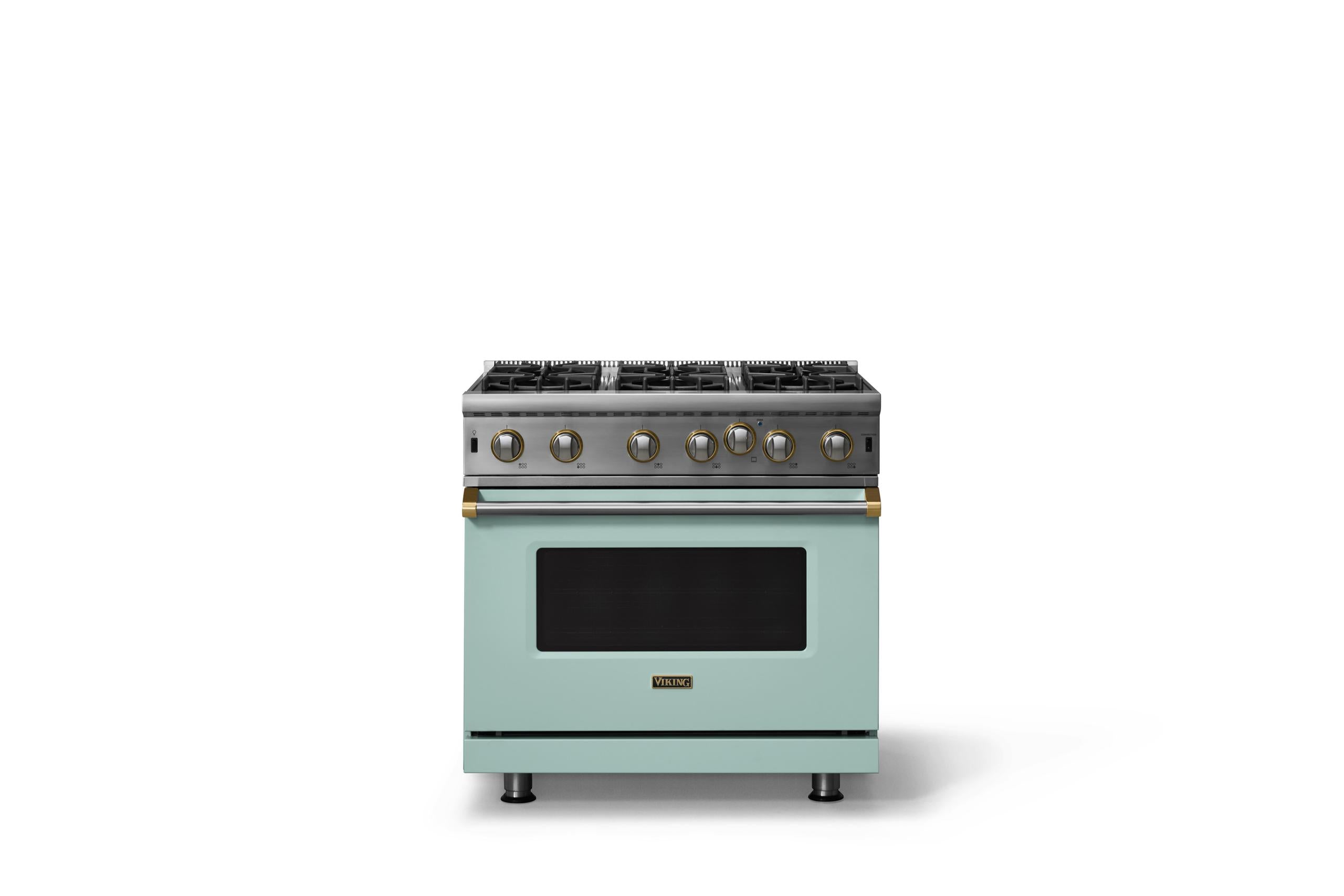 36"W. Open Burner Gas Range (Finish: Splash, Trim: Brushed Brass, Fuel: Natural Gas)