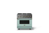36"W. Open Burner Gas Range (Finish: Splash, Trim: Brushed Brass, Fuel: Propane)