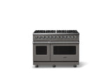 48"W. Dual Fuel Range (Burner: 8b, Finish: Damascus Gray, Trim: Polished Chrome, Fuel: Propane)