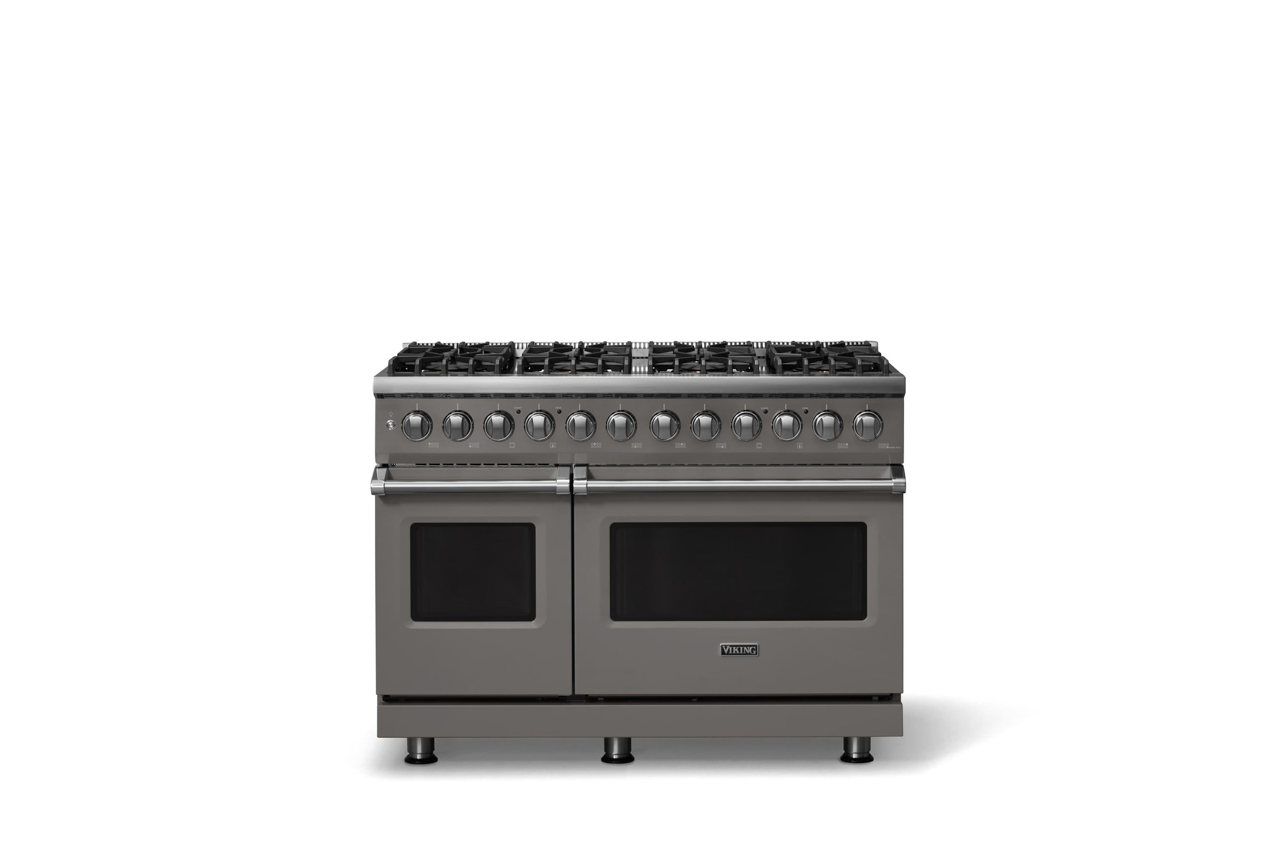 48"W. Dual Fuel Range (Burner: 8b, Finish: Damascus Gray, Trim: Polished Chrome, Fuel: Propane)