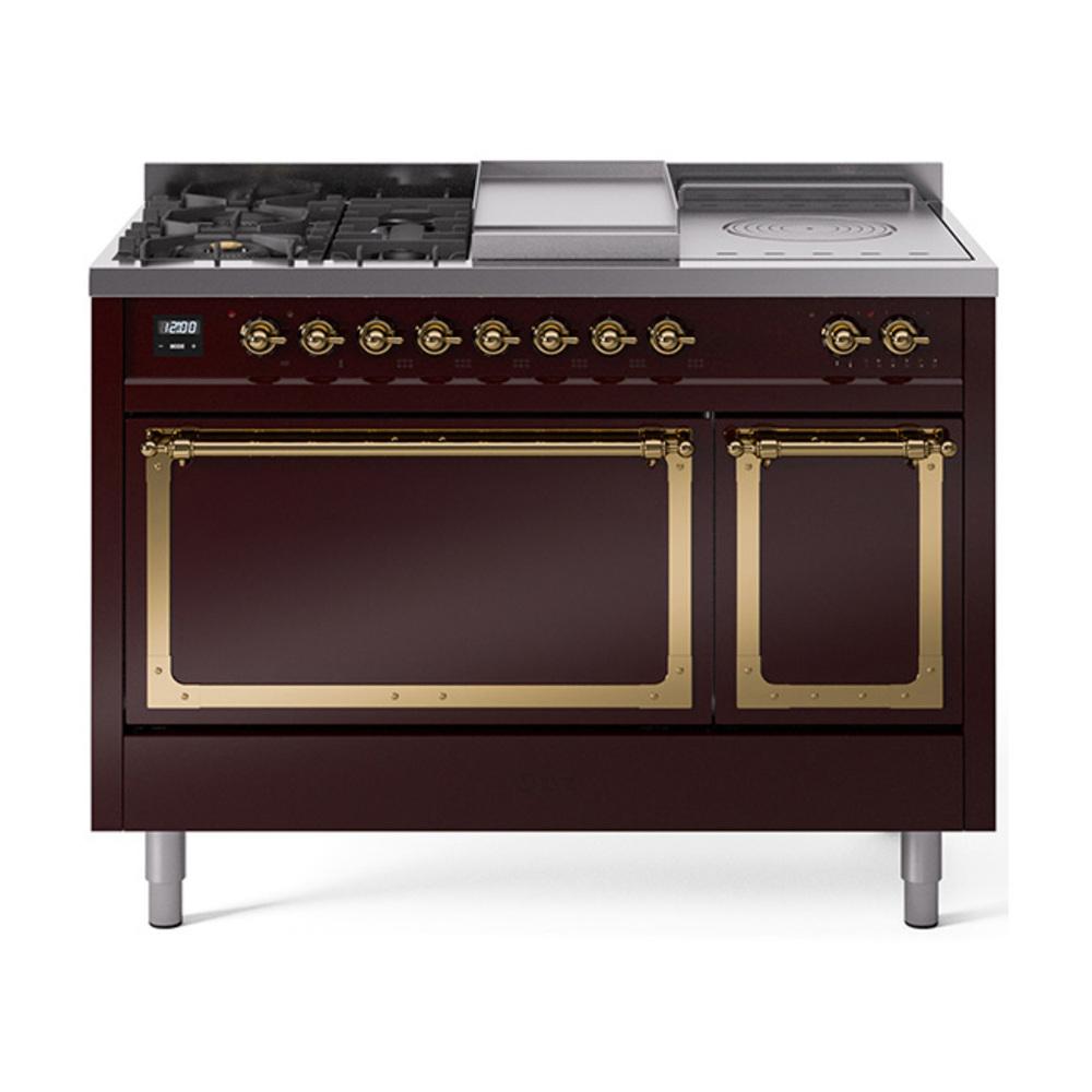 ILVE UN48FSQNMPBUG Nostalgie II Noblesse 48 inch Dual Fuel Range (5 Sealed Burners + Griddle + French Top, Natural Gas, Solid Door, Burgundy, Brass)