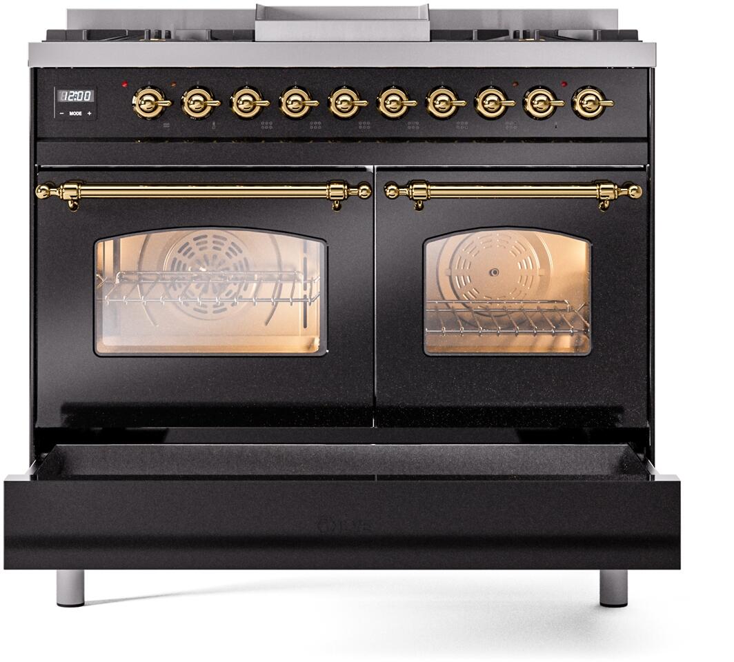 Nostalgie II 40 Inch Dual Fuel Natural Gas Freestanding Range in Glossy Black with Brass Trim