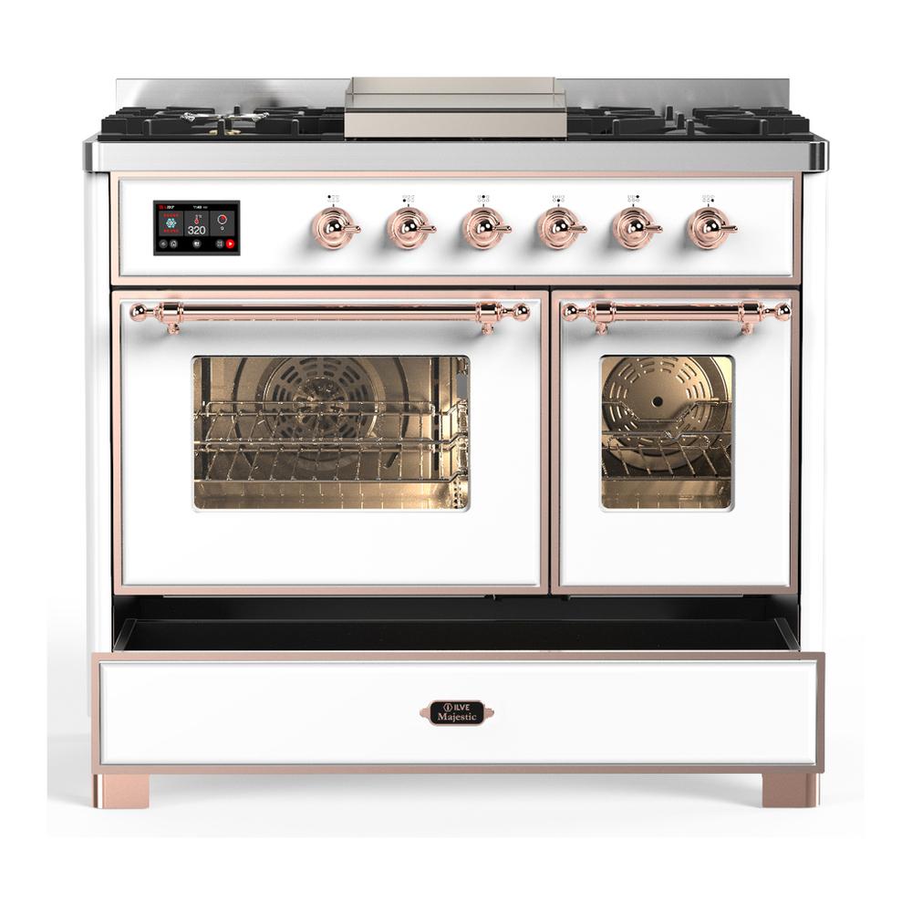 ILVE UMD40FNR3WHPLP Majestic III 40 inch Dual Fuel Range with 6 Burners and Griddle, Dual Function Burner up to 25,000 BTU (Liquid Propane, Triple Glass Door, White, Copper)