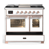 ILVE UMD40FNR3WHPLP Majestic III 40 inch Dual Fuel Range with 6 Burners and Griddle, Dual Function Burner up to 25,000 BTU (Liquid Propane, Triple Glass Door, White, Copper)