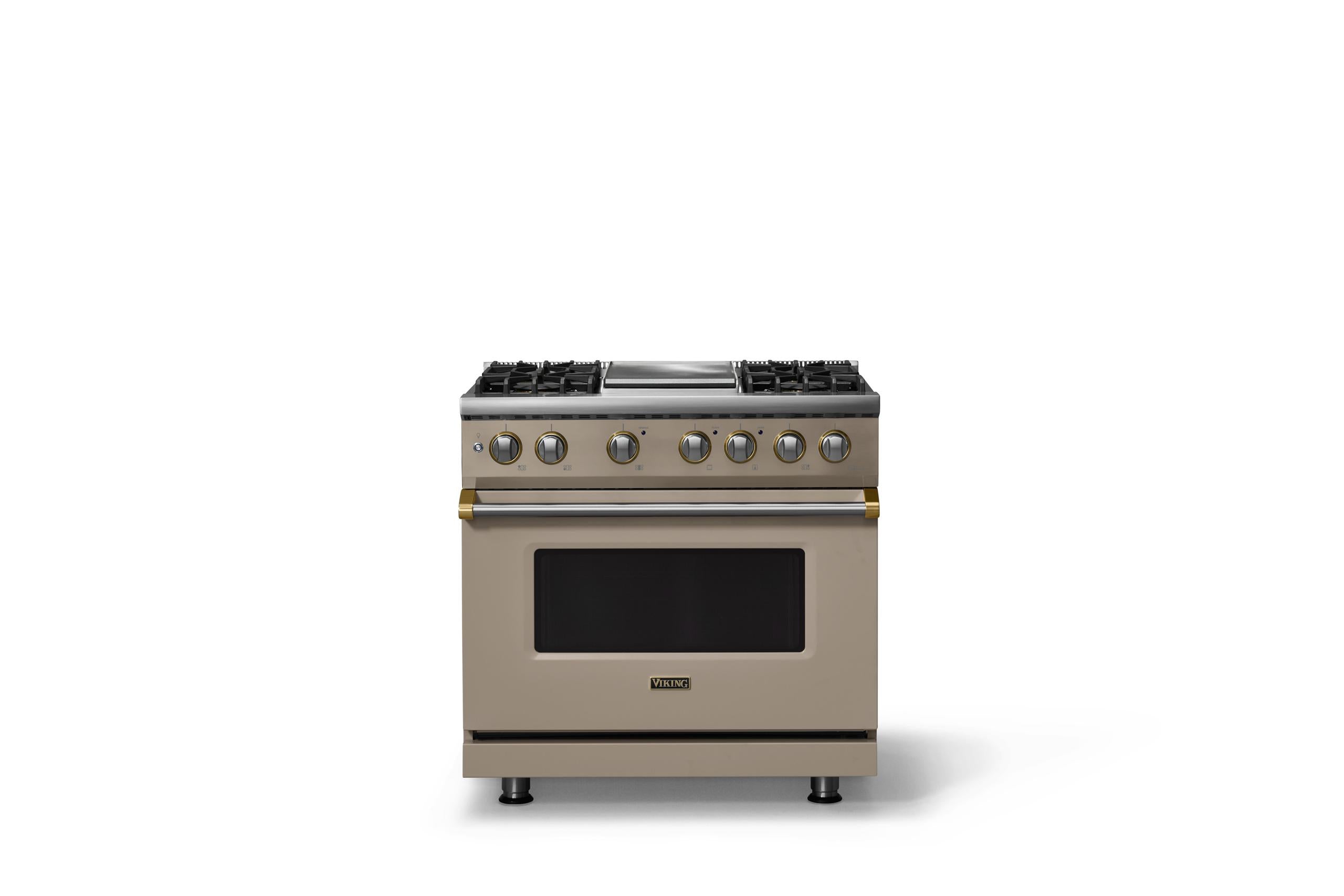 36"W. Dual Fuel Range (Burner: 4g, Finish: Nantucket, Trim: Brushed Brass, Fuel: Propane)