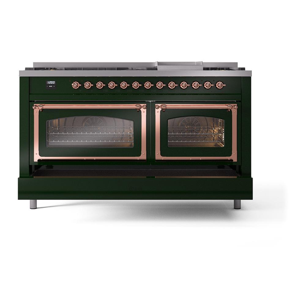 ILVE UN60FNMPEGPLP Nostalgie II Noblesse 60 inch Dual Fuel Range (9 Sealed Burners + Griddle, Liquid Propane, Triple Glass Door, Emerald Green, Copper)