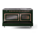 ILVE UN60FNMPEGPLP Nostalgie II Noblesse 60 inch Dual Fuel Range (9 Sealed Burners + Griddle, Liquid Propane, Triple Glass Door, Emerald Green, Copper)