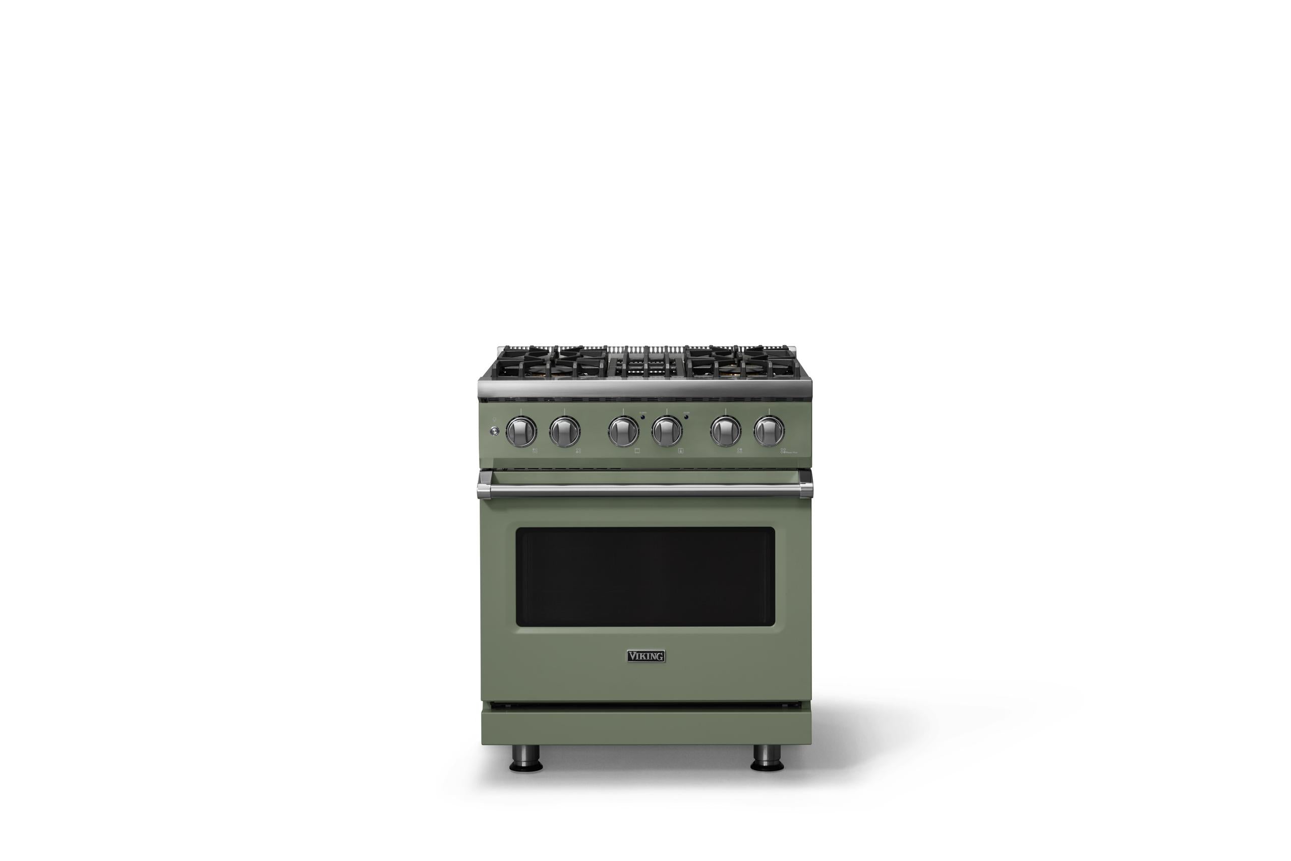 30"W. Dual Fuel Range (Finish: Eucalyptus, Trim: Polished Chrome, Fuel: Natural Gas)
