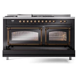 ILVE UN60FSNMPBKB Nostalgie II Noblesse 60 inch Dual Fuel Range (7 Sealed Burners + Griddle + French Top, Natural Gas, Triple Glass Door, Glossy Black, Burnished)