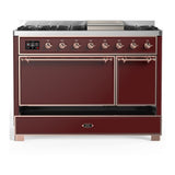 ILVE UM48FQNR3BUP Majestic III 48 inch Dual Fuel Range with 8 Burners and Griddle, Dual Function Burner up to 25,000 BTU (Natural Gas, Solid Door, Burgundy, Copper)